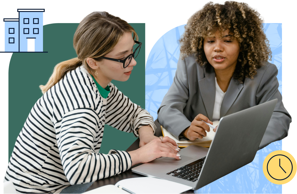 Two women reviewing a laptop screen